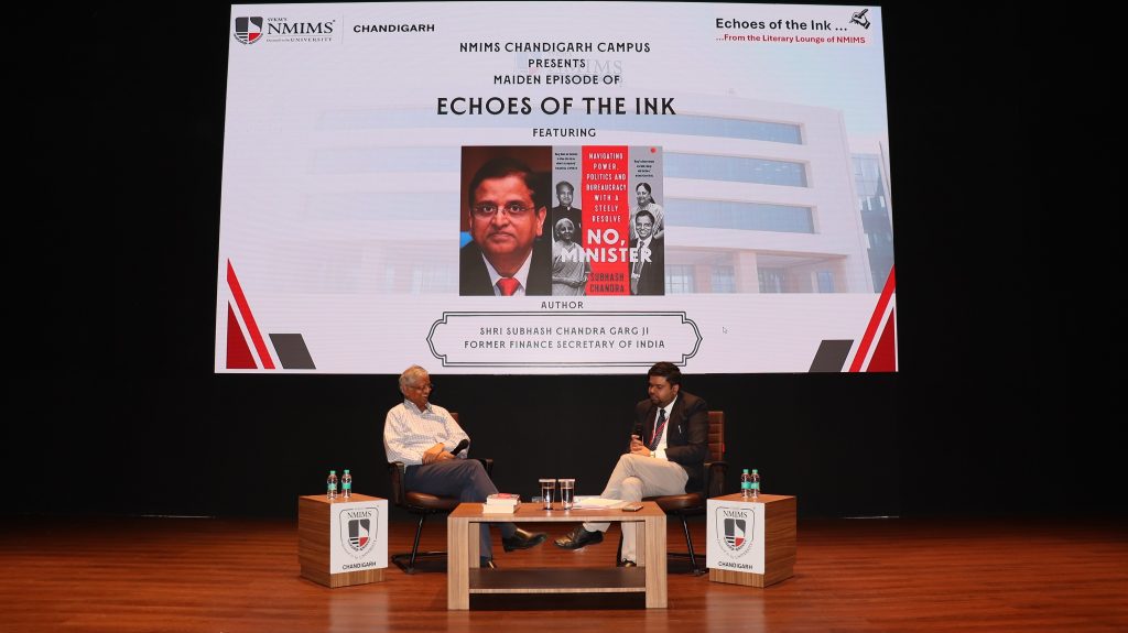 Subhash Chandra Garg speaking at NMIMS Chandigarh Echoes of the Ink literary event.