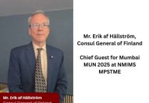 Finland’s Consul General Erik af Hällström Graces NMIMS MPSTME’s Mumbai MUN 2025 as Chief Guest Finland’s Consul General Erik af Hällström at NMIMS MPSTME Mumbai MUN 2025 inspiring students in diplomacy and global leadership.