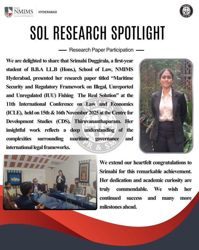 SVKM’s NMIMS Hyderabad School of Law student Srimahi Duggirala presents her maritime security research at ICLE 2025.