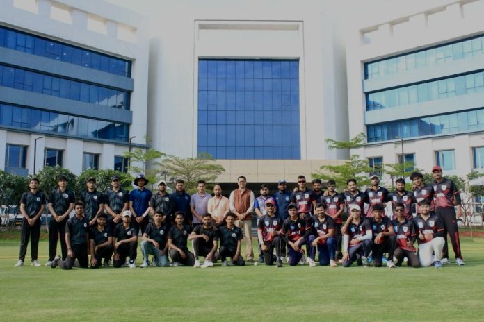 NMIMS Indore team celebrates their dominant 10-wicket victory in the opening match of the Triangular T20 Cricket Series.