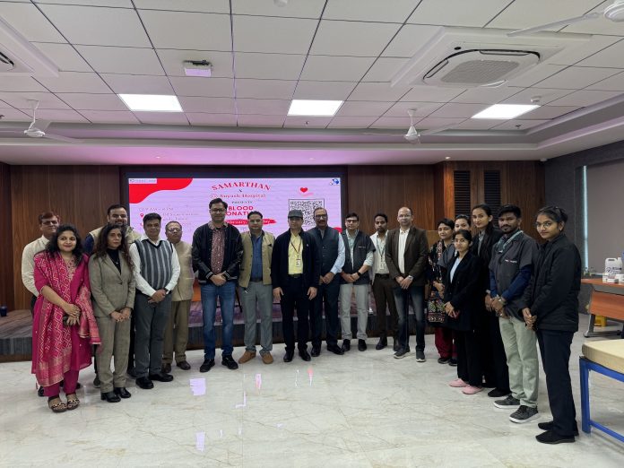 Students and faculty participate in RAKTAYU 2026 Blood Donation Camp organised by SAMARTHAN, the CSR Committee of SVKM’s NMIMS Indore, in collaboration with Suyash Hospital.