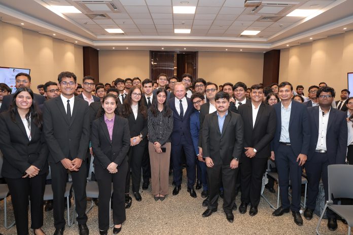 Luxembourg Finance Minister Gilles Roth interacting with NMIMS leadership and students during his visit to SBM Mumbai.