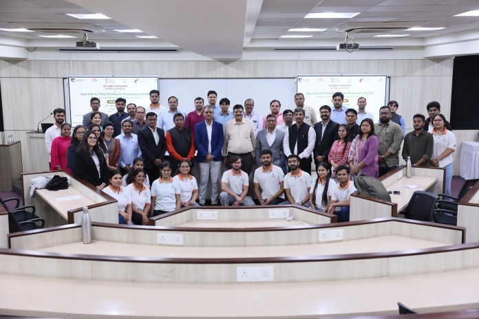 Speakers and researchers at the DST-ANRF sponsored conference on Ayurveda and Tribal Healing for Respiratory Health at NMIMS Shirpur.