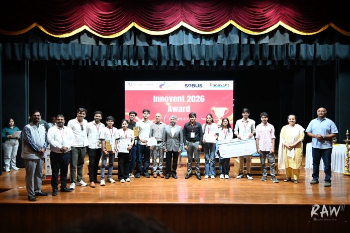 Students presenting innovative ideas during INNOVENT 2026 at NMIMS Shirpur, showcasing creativity, entrepreneurship, and real-world problem-solving.