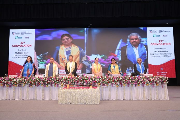 Graduates at NMIMS SBM 23rd Convocation Ceremony 2026 held at Mukesh Patel Auditorium, Mumbai celebrating academic excellence and future-ready leadership.