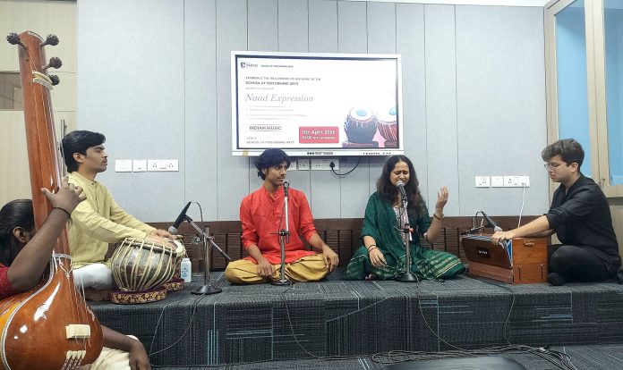 Students perform Indian Classical music during a Baithak at NMIMS School of Performing Arts, Mumbai