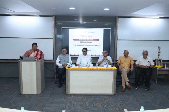 NMIMS Ahmedabad Leadership and distinguished guests welcome the inaugural batch of students during the first School of Business Management orientation programme at SVKM's NMIMS Ahmedabad.