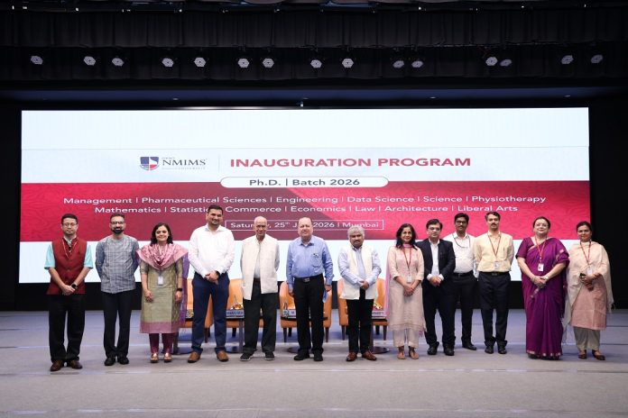 Padma Vibhushan Prof. Man Mohan Sharma and NMIMS leadership at the inauguration of NMIMS Ph.D. Batch 2026.
