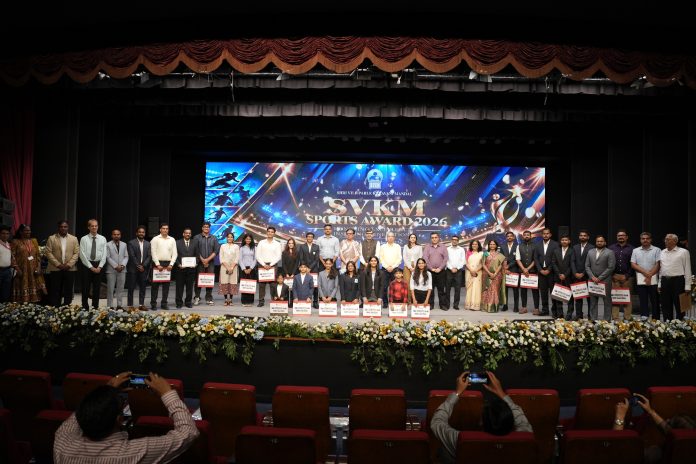 NMIMS Shirpur Campus honoured with the Outstanding NMIMS Campus for Sports Excellence award at SVKM Sports Award 2026.
